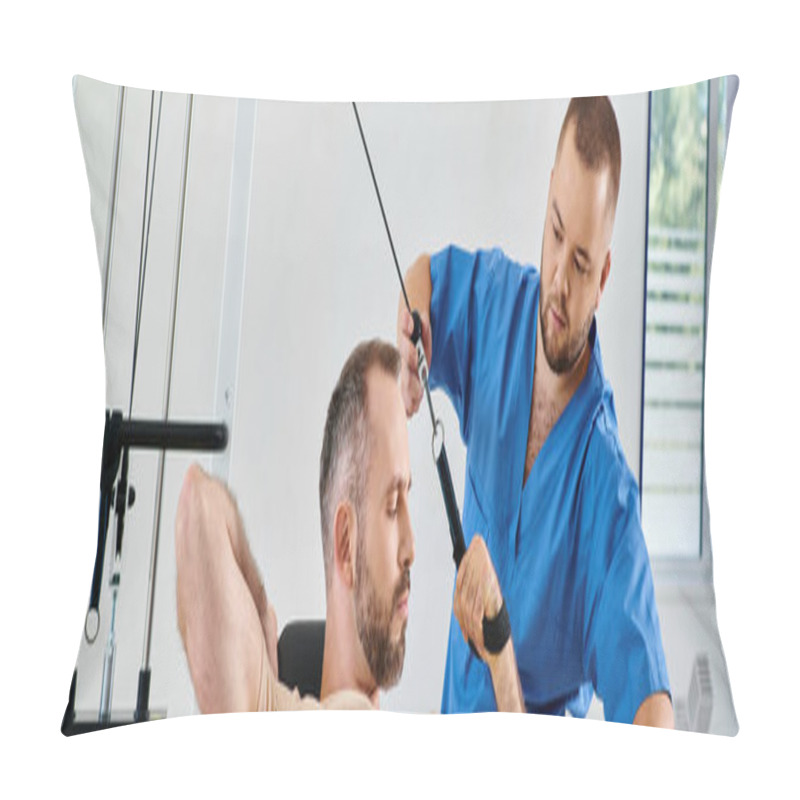 Personality  Medical Assistant Helping Man With Recovery Training On Exercise Machine In Kinesio Center, Banner Pillow Covers