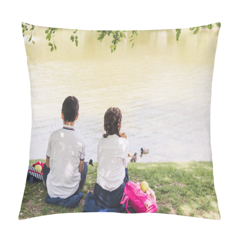 Personality  Rear View Of Schoolchildren Sitting On Lake Bank And Feeding Ducks Pillow Covers