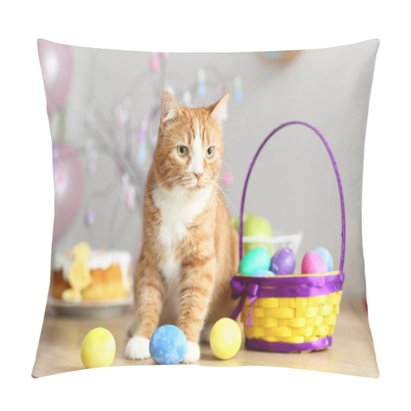 Personality  Cute Red Cat With Easter Eggs And Basket Sitting On Table, Closeup Pillow Covers