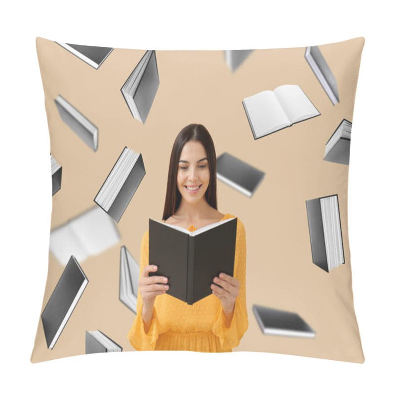 Personality  Young Woman And Many Flying Books On Beige Background Pillow Covers