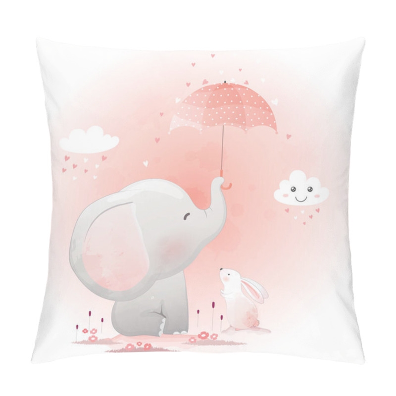 Personality  Cute Elephant And Bunny With Umbrella Cartoon Hand Drawn Vector  Pillow Covers