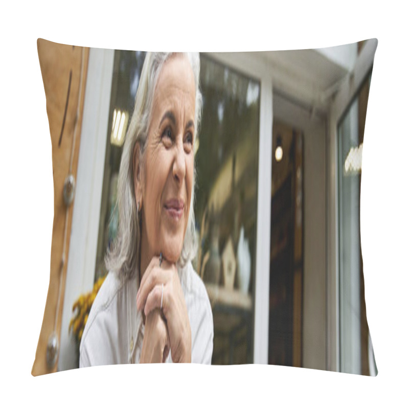 Personality  A Joyful And Elegant Mature Woman Smiles Thoughtfully While Enjoying The Outdoor Atmosphere. Pillow Covers