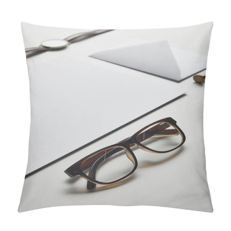 Personality  Composition With Envelope And Glasses On White Marble Background Pillow Covers