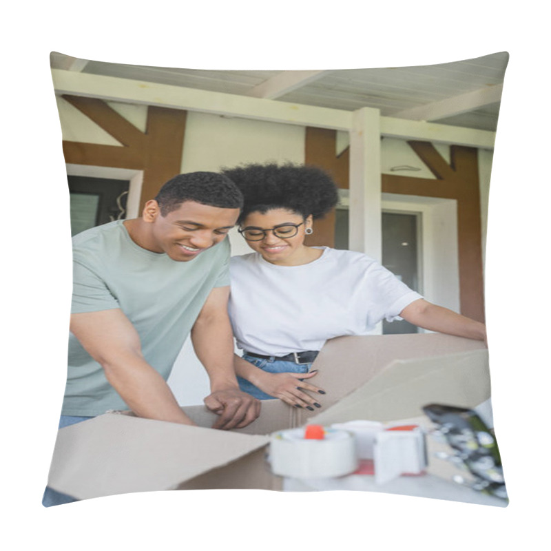 Personality  Smiling African American Couple Unpacking Cardboard Boxes Near New House Outdoors Pillow Covers