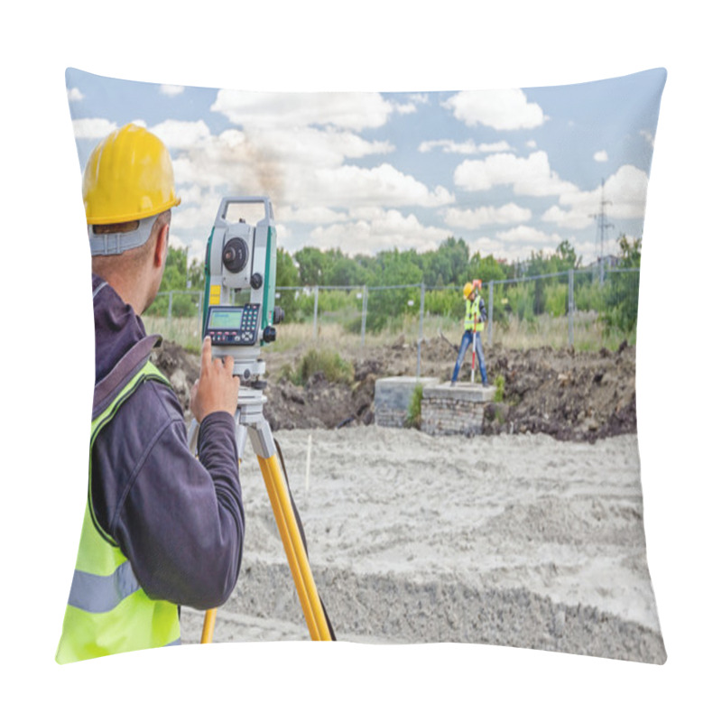 Personality  Geodesist Is Working With Total Station On A Building Site. Civi Pillow Covers