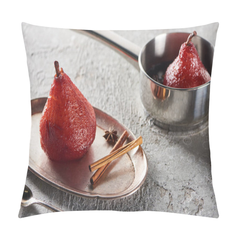 Personality  Delicious Pear In Wine In Stewpan And On Silver Plate With Cinnamon And Anise On Grey Concrete Surface Pillow Covers