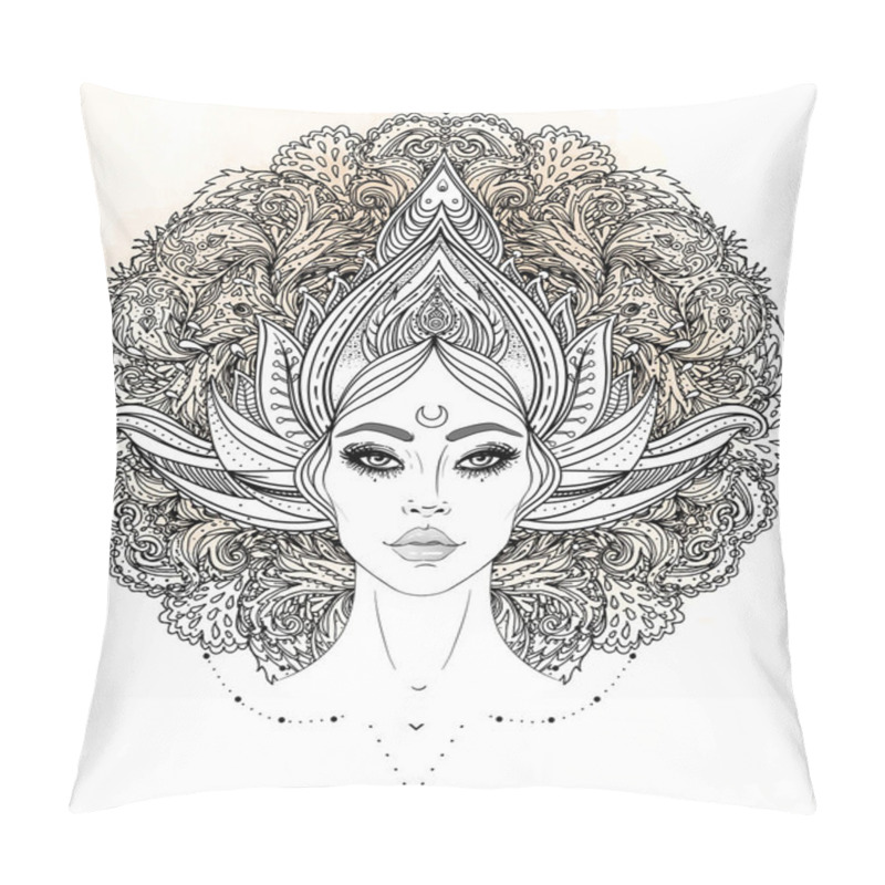 Personality  Tribal Fusion Boho Diva. Beautiful Asian Divine Girl With Ornate Crown, Kokoshnik Inspired. Bohemian Goddess. Hand Drawn Elegant Illustration. Lotus Flower, Ethnic Art, Patterned Indian Paisley. Pillow Covers