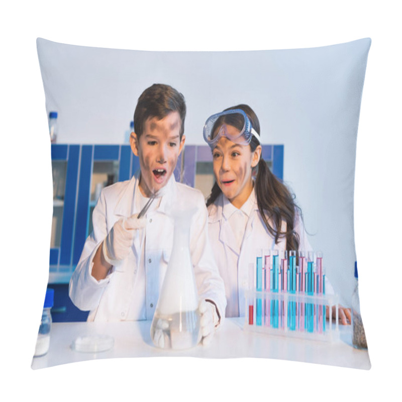 Personality  Astonished Boy With Dirty Face Holding Tweezers Near Steaming Flask And Surprised Girl Pillow Covers