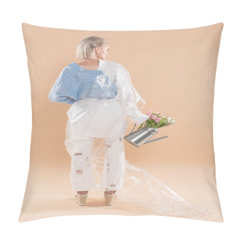 Personality  Girl Holding Watering Can With Flowers And Standing In Eco Clothing Wrapped In Polyethylene Isolated On Beige, Environmental Saving Concept  Pillow Covers