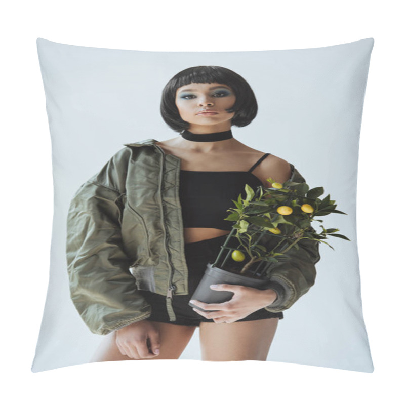 Personality  Girl With Bobbed Hair And Plant  Pillow Covers