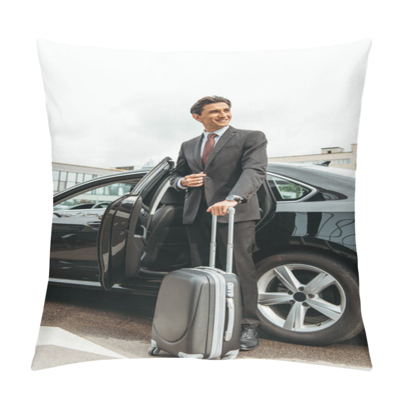 Personality  Smiling Businessman With Suitcase Standing By Taxi Pillow Covers