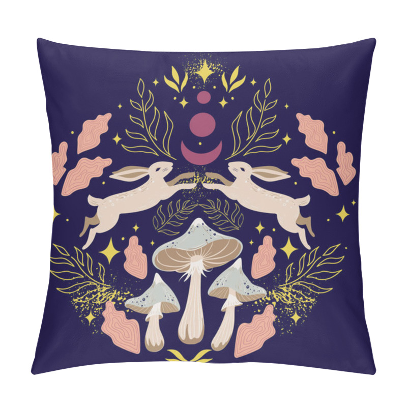 Personality  Magical Forest Vector Forest Symmetric Pattern With Rabbits, Mushrooms, Twigs, Leaves, Stars, Crescents And Fairy Dust On Dark Background Pillow Covers