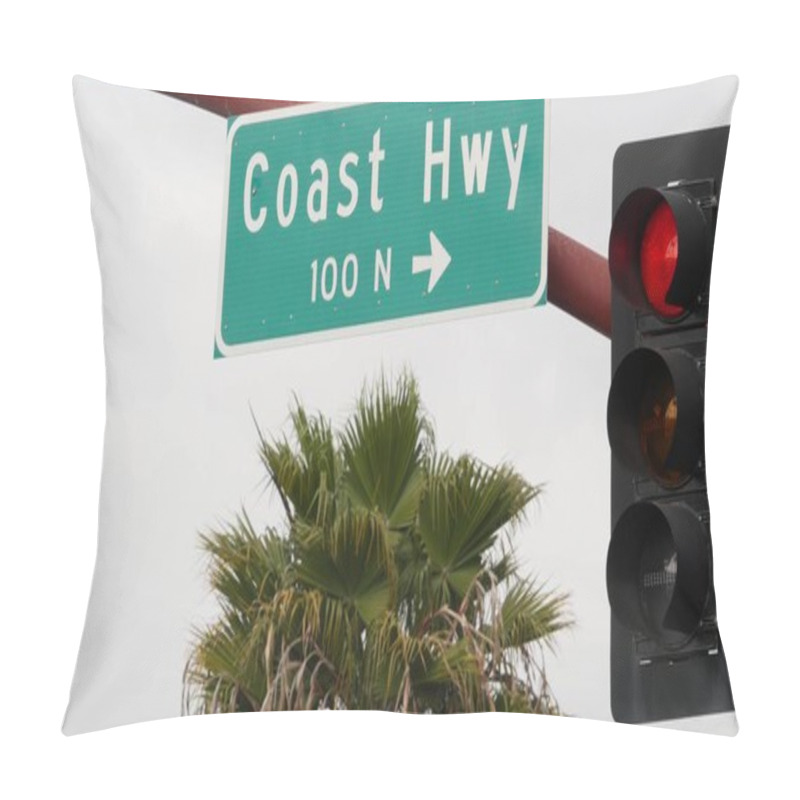 Personality  Pacific Coast Highway, Historic Route 101 Road Sign, Tourist Destination In California USA. Lettering On Intersection Signpost. Symbol Of Summertime Travel Along The Ocean. All-American Scenic Hwy. Pillow Covers