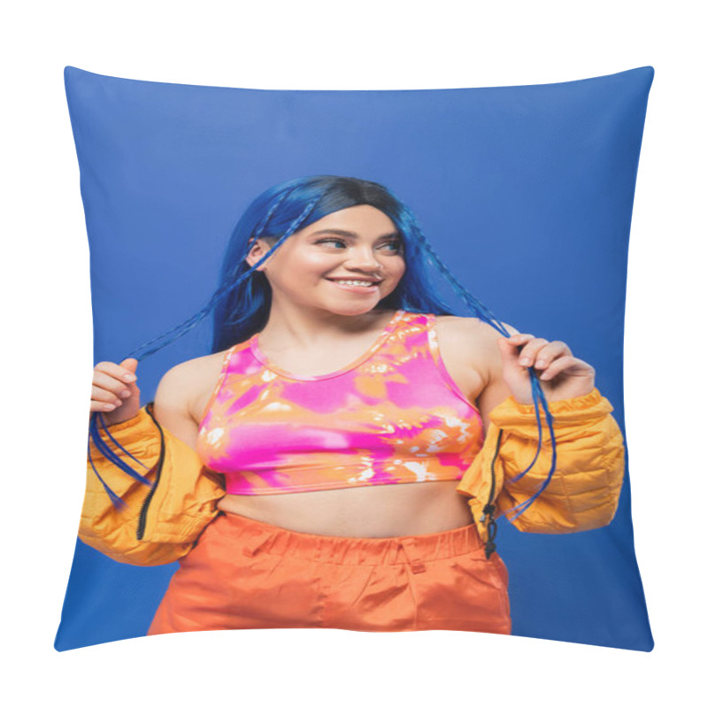 Personality  Beauty Trends, Dyed Hair, Cheerful Female Model With Blue Hair Posing In Puffer Jacket On Blue Background, Vibrant Color, Urban Fashion, Individualism, Young Woman Smiling And Looking Away Pillow Covers