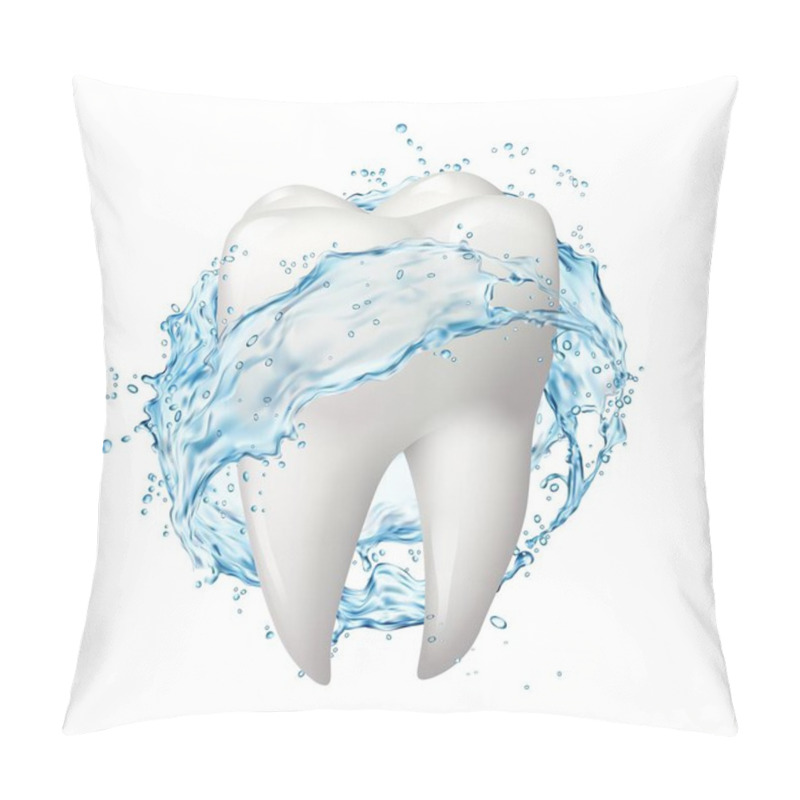 Personality  Mouthwash, Mouth Rinse. Isolated Teeth With Clean Water Splash Wave, Dental Hygiene. Vector White Healthy Tooth In Round Liquid Swirl With Splatters, 3d Object For Dentistry Medicine Pillow Covers