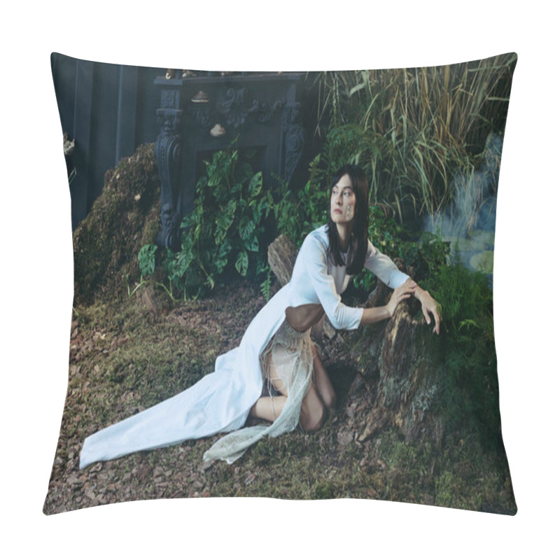 Personality  A Woman Poses In A White Dress Near A Swamp. Pillow Covers