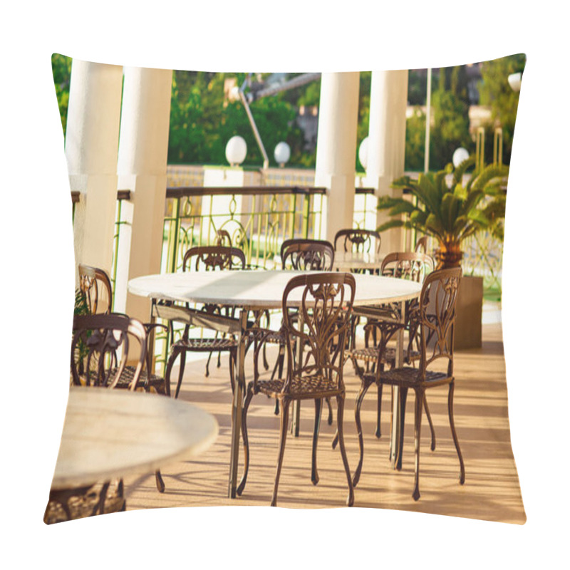 Personality  Outdoor Summer Terrace, With Stylish Furniture, In A Cafe At Sunset Pillow Covers