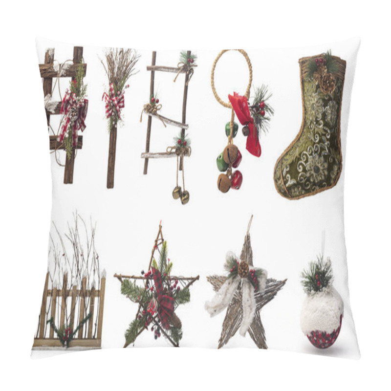 Personality  Set Of Wooden Christmas Items, Star And Christmas Decorative Items Isolated On White Background, Clipping Path Included  Pillow Covers