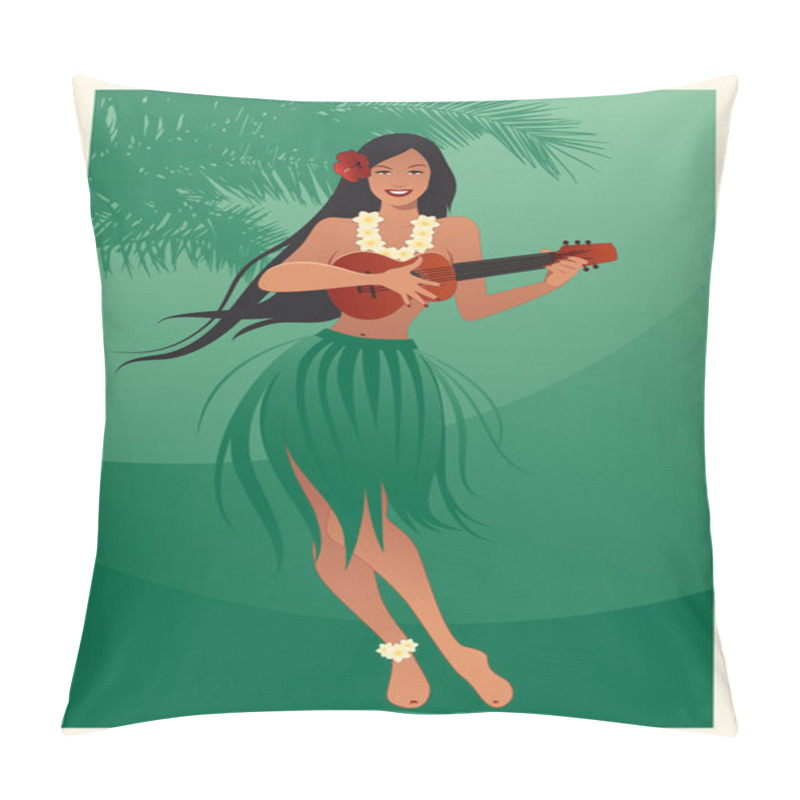 Personality  Beautiful And Smiling Hawaiian Girl Wearing Skirt Of Leaves Playing Ukulele And Palm Tree On Green Background Pillow Covers