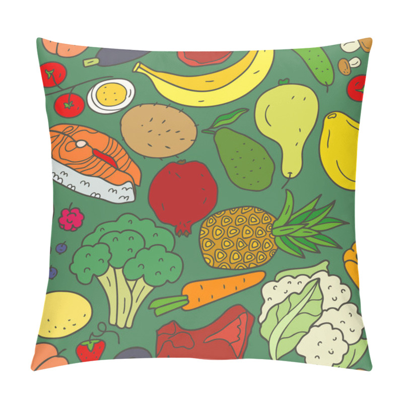 Personality  Seamless Pattern Healthy Food With Inscriptions On Dark Background. Vector Hand Drawn Illustration For Banners, Websites, Cook Book Or Advertising. Pillow Covers