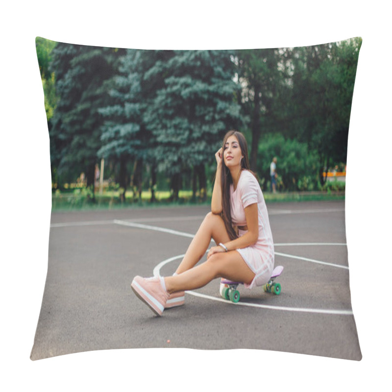 Personality  Portrait Of A Smiling Charming Brunette Female Sitting On Her Skateboard On A Basketball Court. Pillow Covers