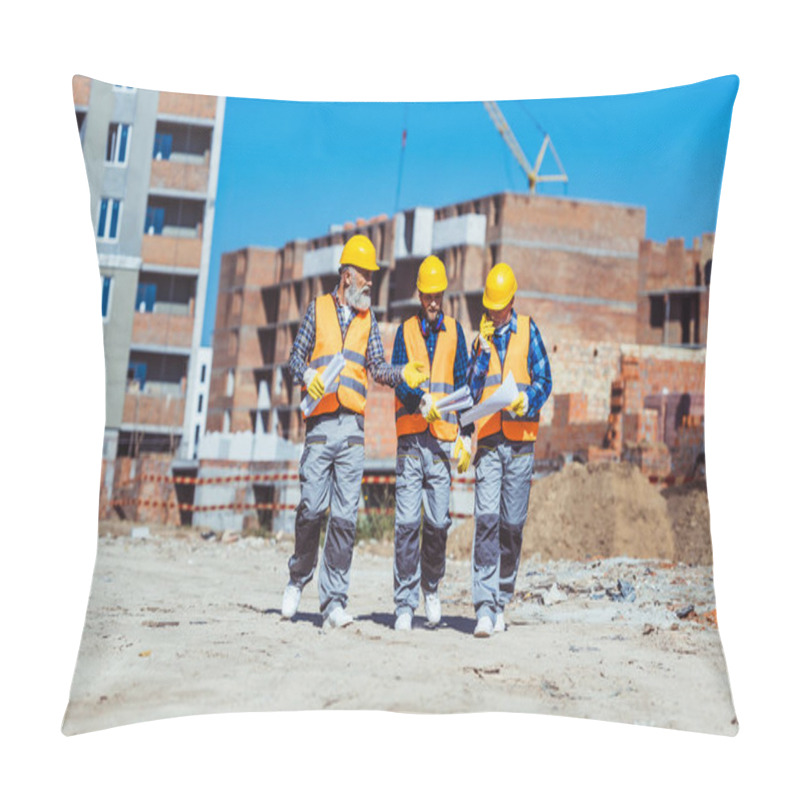 Personality  Three Workers In Hardhats At Construction Site Pillow Covers