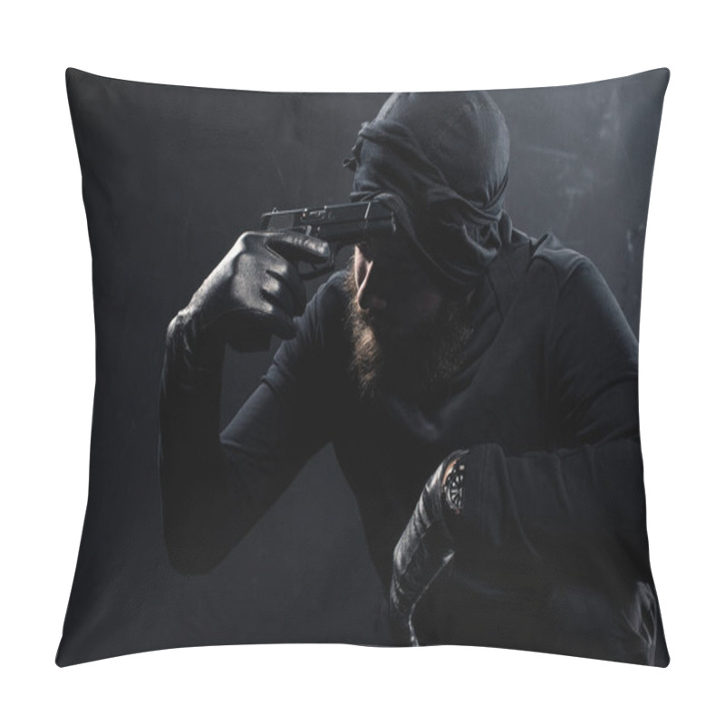 Personality  Burglar In Balaclava Scratching His Head With Gun Pillow Covers