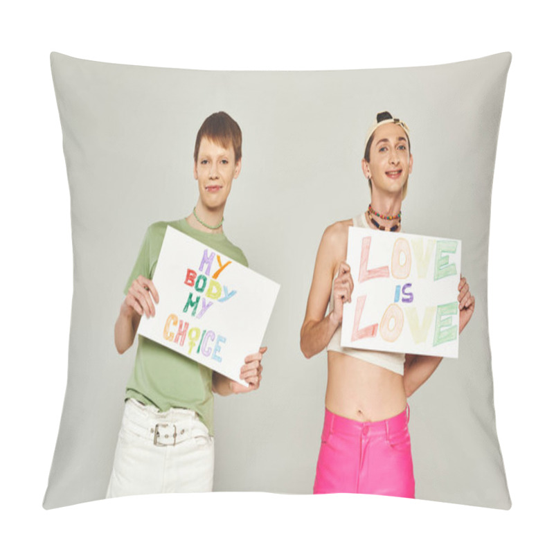 Personality  Happy Gay Men Holding Placards With My Body My Choice And Love Is Love Lettering While Standing Together And Looking At Camera On Pride Month, Grey Background  Pillow Covers