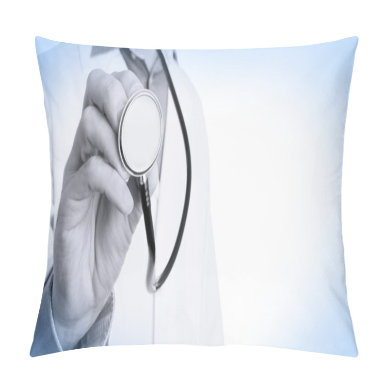 Personality  Close Up Of A Doctor's Hand, Holding A Stethoscope, Medical Blue Pillow Covers