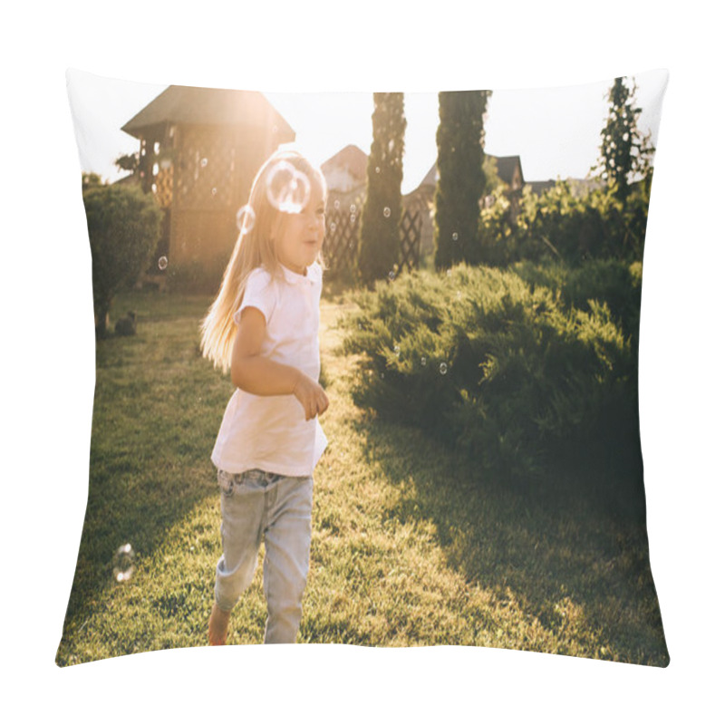 Personality  Little Kid Having Fun With Soap Bubbles On Backyard Pillow Covers