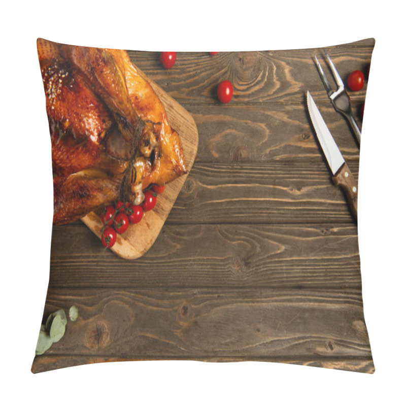 Personality  Delicious Thanksgiving, Roasted Turkey And Cherry Tomatoes Near Cutlery On Textured Wooden Table Pillow Covers