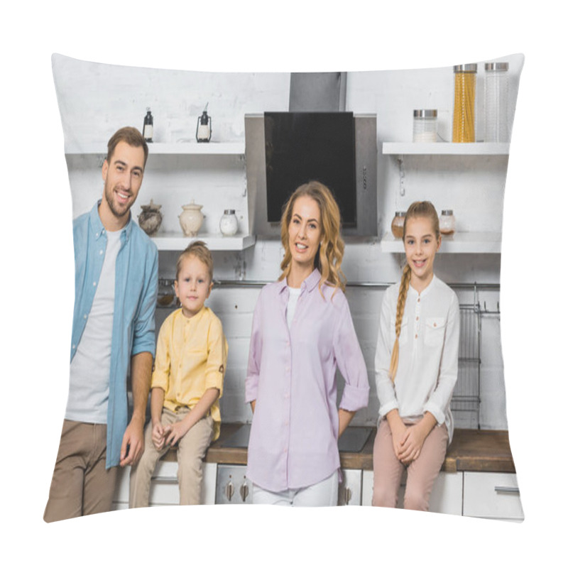 Personality  Smiling Parents With Daughter And Son Looking At Camera In Kitchen Pillow Covers