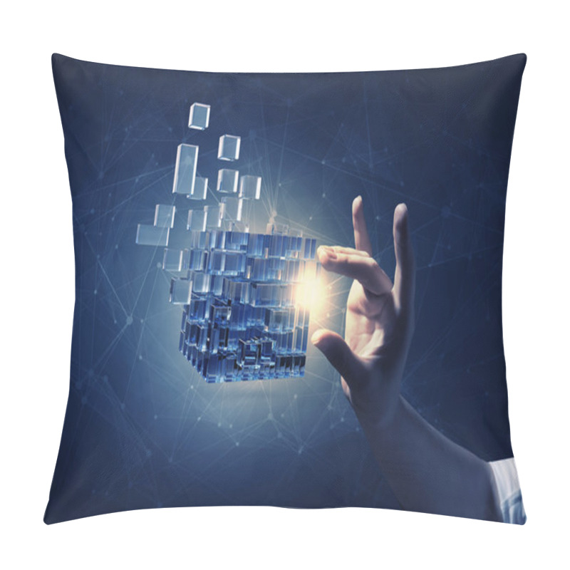 Personality  Cube In Female Hand . Mixed Media Pillow Covers