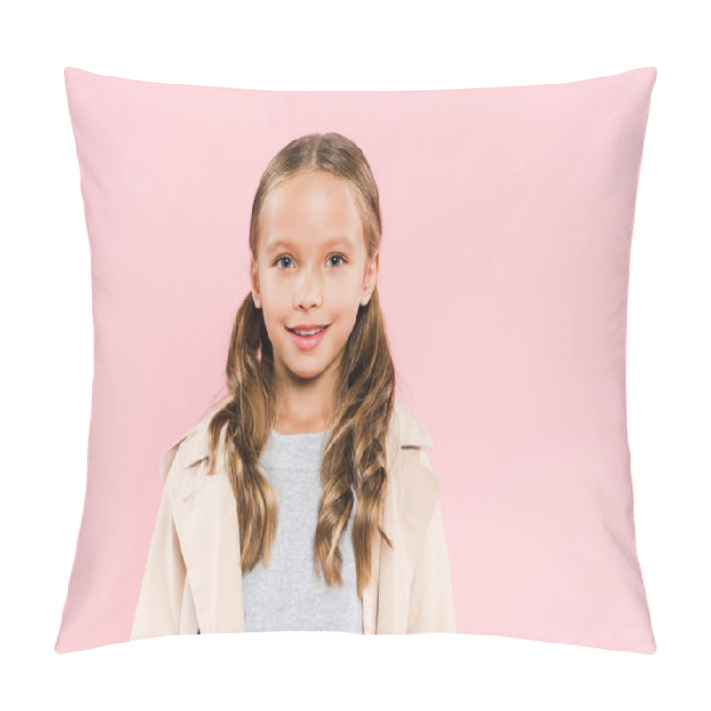 Personality  Smiling Kid In Coat Looking At Camera Isolated On Pink Pillow Covers