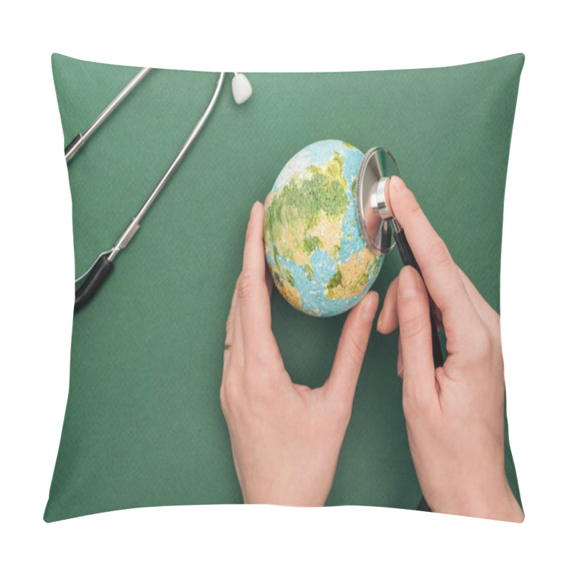 Personality  Partial View Of Woman Holding Toy Earth And Stethoscope On Green Background  Pillow Covers