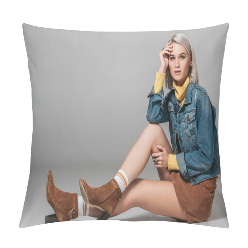 Personality  Beautiful Model In Trendy Corduroy Skirt And Jeans Jacket Sitting On Floor, On Grey Pillow Covers