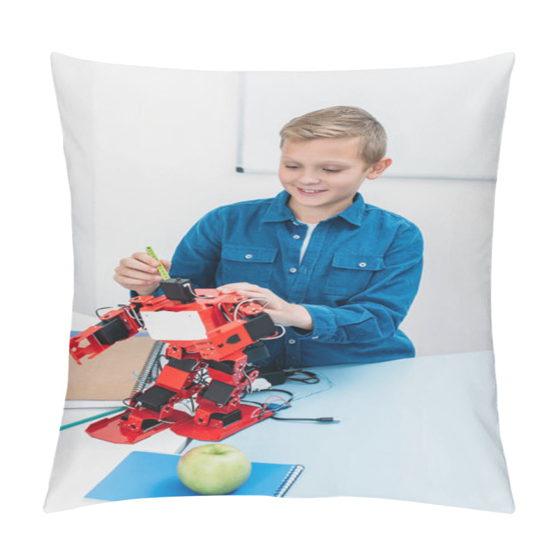 Personality  Happy Schoolboy Working On Handmade Robot Model During STEM Lesson   Pillow Covers