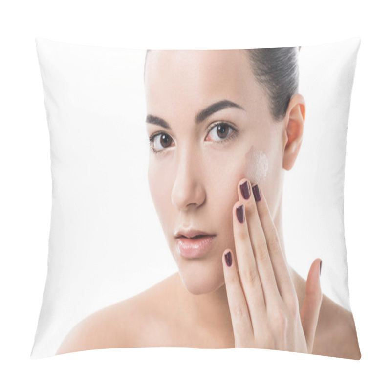 Personality  Beautiful Girl Applying Foundation Cream On Cheek And Looking At Camera Isolated On White Pillow Covers