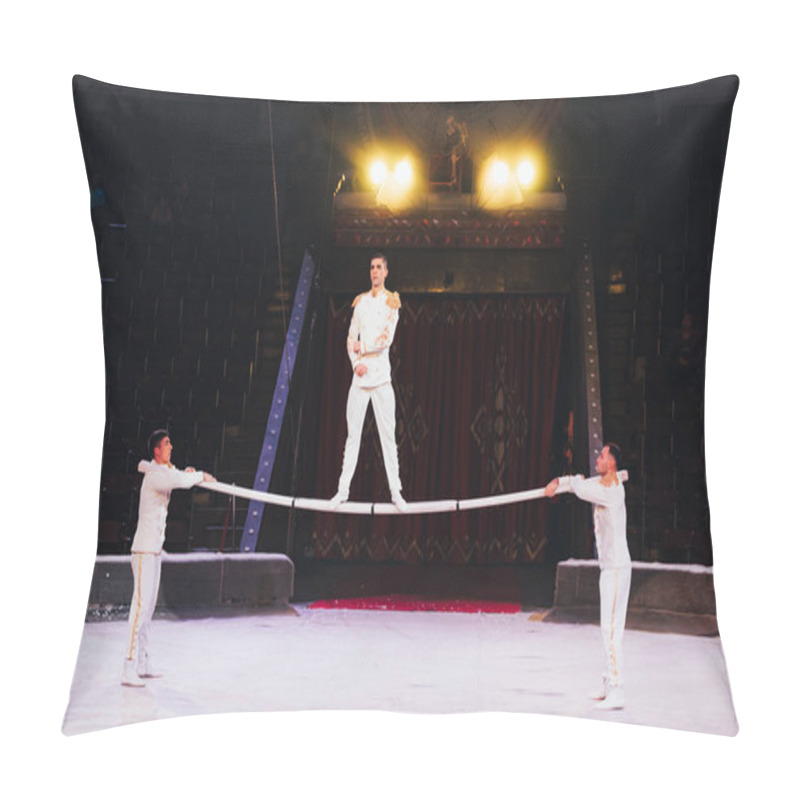 Personality  KYIV, UKRAINE - NOVEMBER 1, 2019: Three Gymnasts Performing With Pole At Circus Arena Pillow Covers