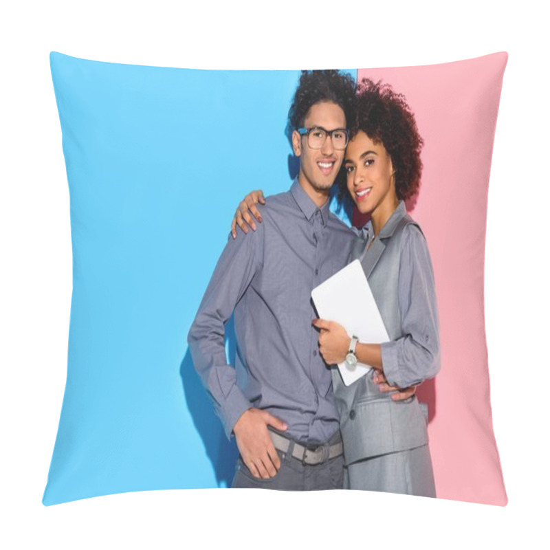 Personality  Young African Amercian Businesswoman Holding Tablet And Hugging Stylish Businessman On Pink And Blue Background  Pillow Covers