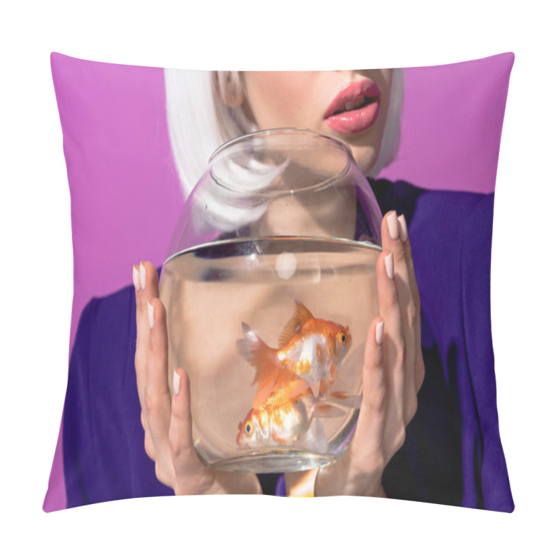 Personality  Cropped View Of Girl In White Wig Holding Aquarium With Goldfishes Isolated On Purple Pillow Covers