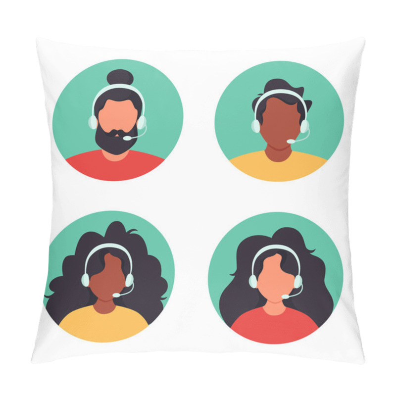 Personality  People With Headphones. Customer Service, Assistant, Support, Call Center Concept. Vector Illustration. Pillow Covers