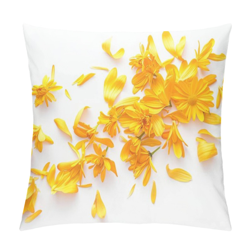 Personality  A Vibrant Arrangement Of Yellow Chrysanthemum Petals Scattered Artistically On A White Background. Pillow Covers