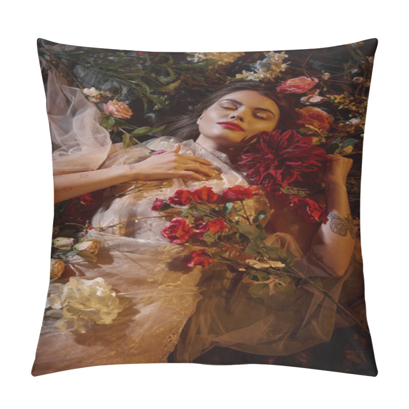 Personality  Top View, Sensual Young Woman In Romantic Transparent Dress Lying Among Beautiful Flowers Pillow Covers