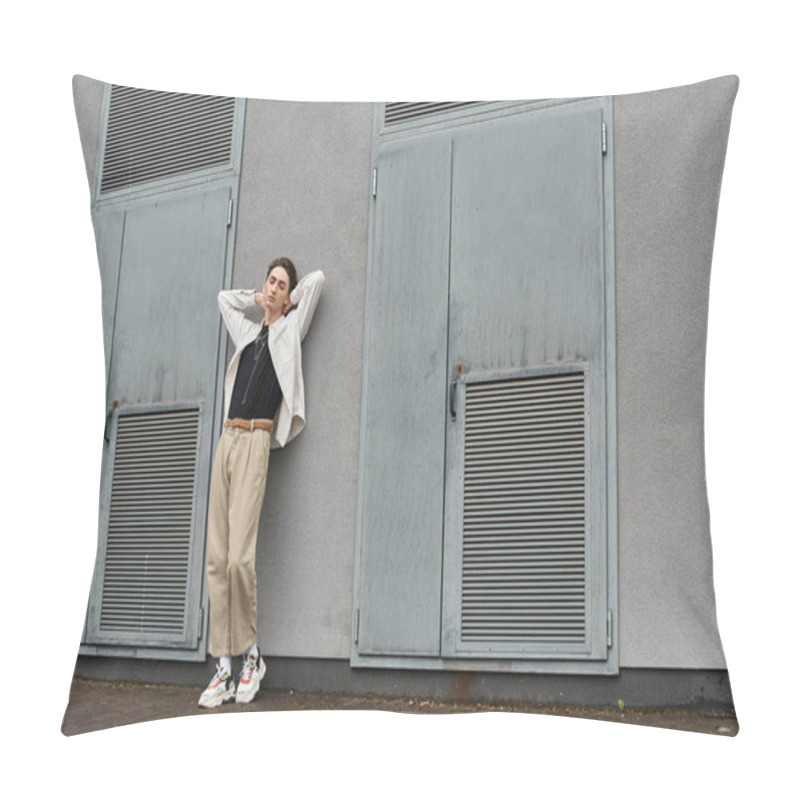 Personality  A Stylish Young Queer Person Leans Confidently Against A Wall, Exuding Pride And Individuality. Pillow Covers