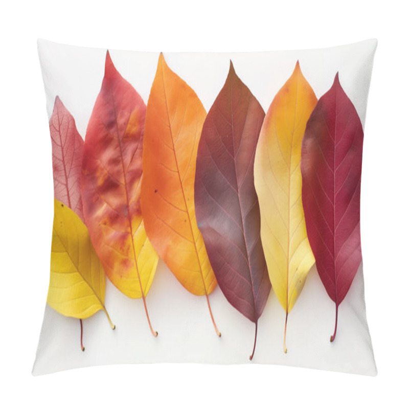 Personality  A Row Of Autumn Leaves In Varying Shades Of Red, Yellow, And Brown, Arranged Neatly Against A White Background, Symbolizing Seasonal Change. Pillow Covers