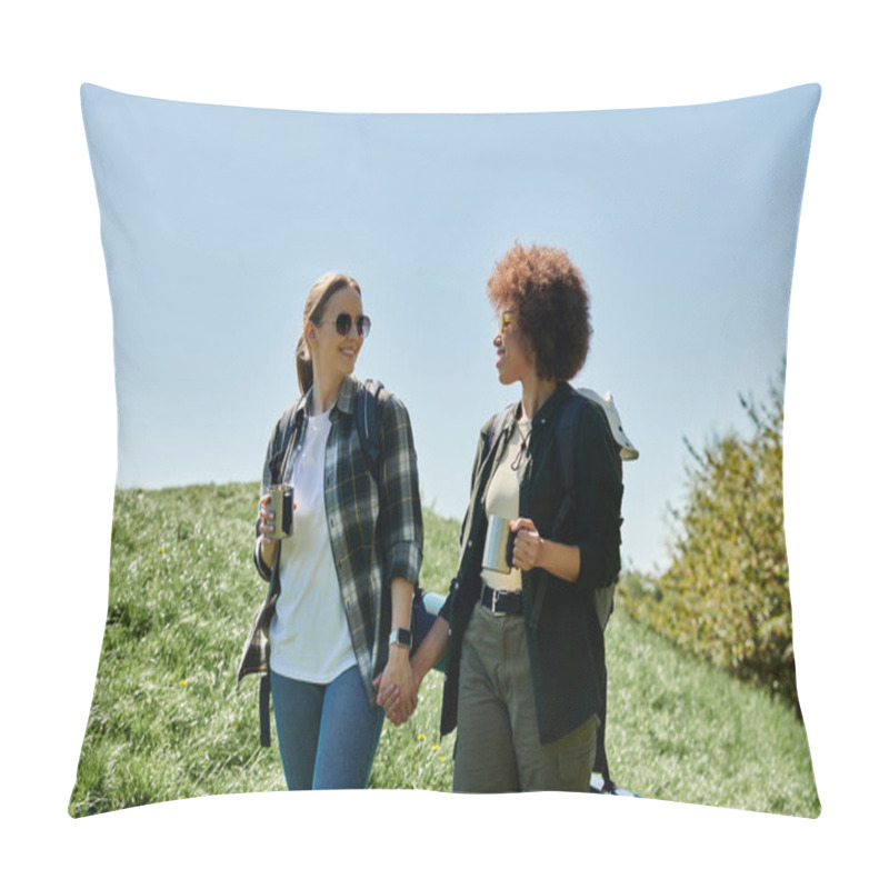 Personality  Two Young Women, A Lesbian Couple, Are Hiking Together On A Sunny Day. They Are Smiling And Holding Hands, Enjoying Their Time In The Wilderness. Pillow Covers