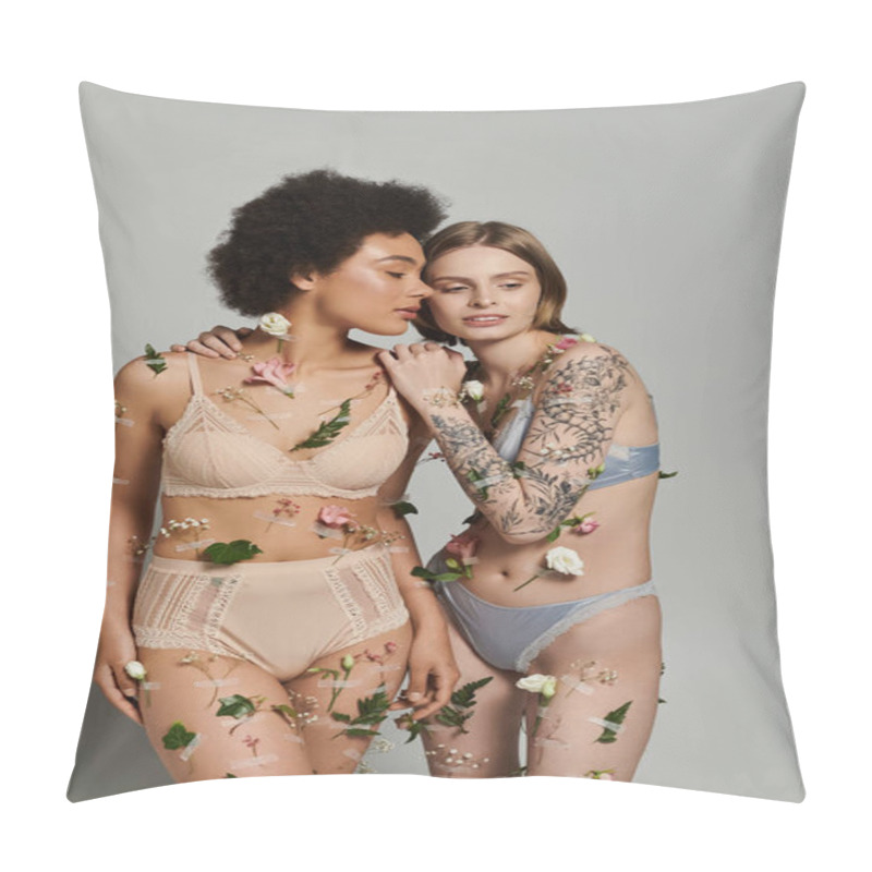 Personality  A Tender Moment Shared Between Two Women Adorned With Blooming Flowers. Pillow Covers