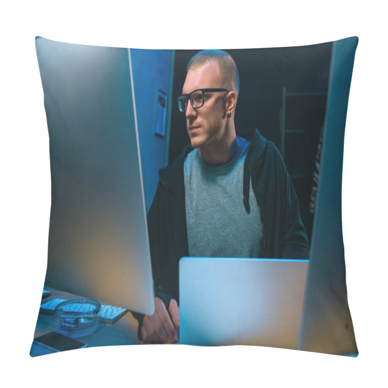 Personality  Young Hacker Developing Malware In Dark Room Pillow Covers