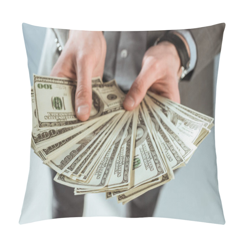 Personality  Close-up View Of Businessman Holding Dollar Banknotes In Hands Pillow Covers